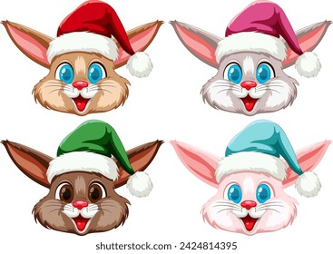 Four cartoon rabbits wearing colorful Christmas hats.