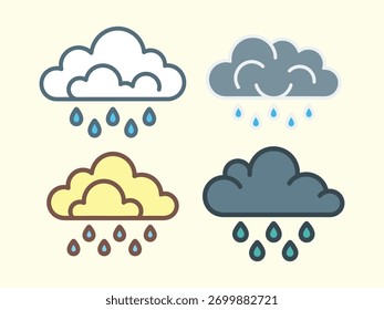 Four cartoon rain clouds with falling water drops weather storm