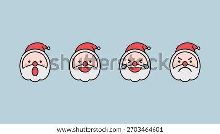 Four cartoon Santa faces with different expressions: surprised, happy, laughing, and angry. Santa, cartoon, expressions, emotions. Santa, cartoon, emotions. Christmas illustration vector set.