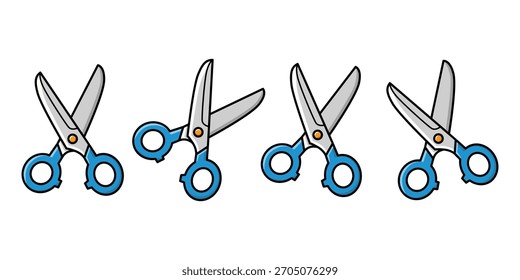 Cuatro tijeras de dibujos animados alineadas en un diseño blanco.