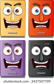 Four cartoon smartphones with expressive faces