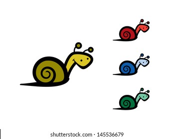 Four Cartoon Snails in Yellow, Red, Blue and Green.