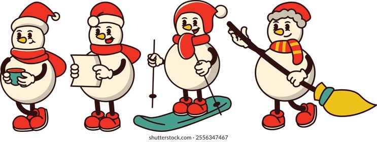 Four cartoon snowmen are shown in various winter sports activities, including skiing, snowboarding, and cleaning. The snowmen are all wearing red hats and scarves, and they are all smiling
