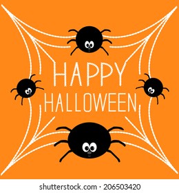 Four cartoon spider on the web. Halloween card. Orange background. Vector illustration