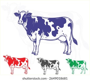Four cartoon style cow illustrations in red, black, green, and blue colors with white spots, on a white background.