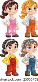 Four cartoon technicians in colorful overalls