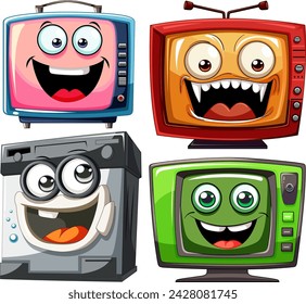 Four cartoon televisions with various funny faces.
