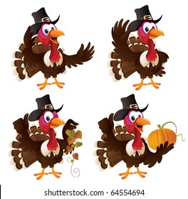 Four cartoon turkeys in a pilgrim outfit. The file is layered for easier editing. Perfect match for the thanksgiving series.