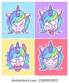 Four cartoon unicorn faces with different expression. Vector illustration, can be used as T-shirt print.