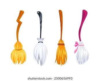 Four cartoon witch broomsticks with wood and plastic handles, new and used, standing upright, isolated on white.