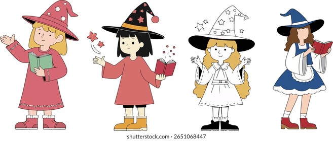 Four cartoon witches wearing different outfits and hats, each holding and reading a book. Stars and magical elements surround them.
