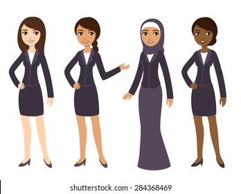 Four cartoon young businesswomen of different ethnicities in formal clothes. Isolated on white background.