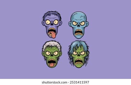 Four cartoon zombie heads with various expressions.