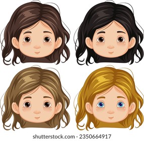 Four cartoon-style girls with different colored faces smiling happily