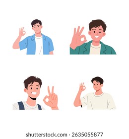 Four cartoon-style male figures, each displaying a cheerful expression and the "okay" hand gesture.