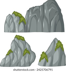 Four cartoon-style rocks with green foliage.