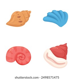 Vier Muscheln im Cartoonstil, jede mit einer einzigartigen Form und Farbe, einzeln auf weißem Hintergrund