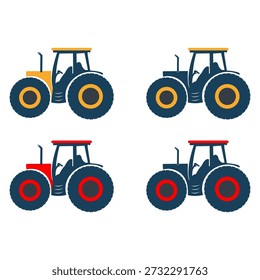 Four cartoon-style tractors with different colored roofs, including yellow and red, are arranged on a clean white background, showcasing simple vehicle illustrations.