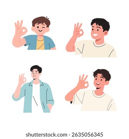 Four cartoon-style young men of varying ages are depicted, each giving a confident "okay" hand gesture.