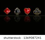 Four casino signs. Hearts, diamonds, clubs and spades on black backgroung with reflection. Vector illustration.
