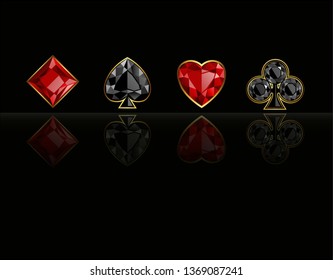 Four casino signs. Hearts, diamonds, clubs and spades on black backgroung with reflection. Vector illustration.