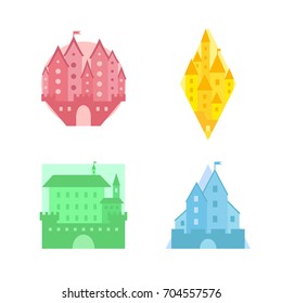 Four castles of different colors. Vector flat illustration.
