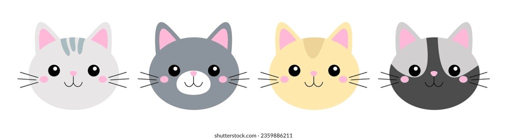 Four cat face icon set line. Cute kitten head body silhouette. Different colors. Funny kawaii cartoon baby character. Happy Valentines Day. Sticker print template. Flat design. White background Vector