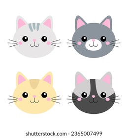 Four cat face icon set. Cute kitten head body silhouette. Different colors. Funny kawaii cartoon baby character. Sticker print template. Happy Valentines Day. Flat design. White background. Vector