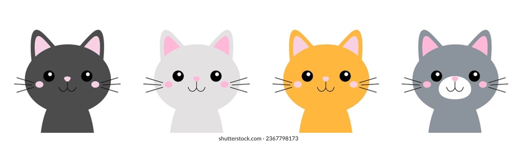Four cat icon set line. Cute kitten face head body silhouette. Different colors. Funny kawaii cartoon baby character. Happy Valentines Day. Sticker print template. Flat design. White background Vector