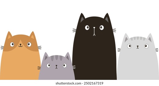 Four cat set. Peeking kitten family. Black, gray, white, red silhouette. Cute cartoon kawaii funny boo spooky pet baby character line banner. Happy Valentines day. Flat design. White background Vector