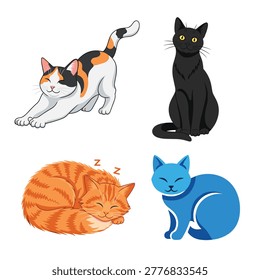 Four cats appear on a white background a calico cat stretching, a black cat sitting, an orange tabby sleeping, and a blue cat grooming.