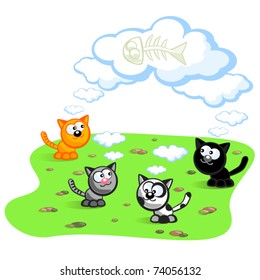 Four cats dream about eating fish bones. Cartoon Vector isolated scene.