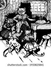 Four cats dressed up and standing near table and talking, food bowl kept on table, vintage line drawing or engraving illustration