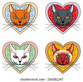 Four cats heads  inside hearts isolated on a white background