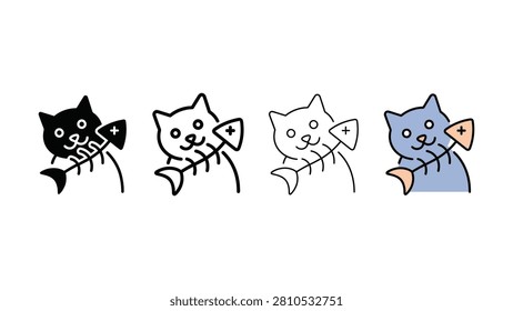 Four cats illustrated holding plus signs in black white and colored versions