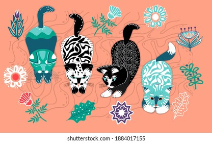 Four cats, painted with various patterns and decorated with flowers.Bright vector illustration in flat stile.