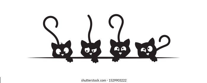 Four cats silhouettes, funny illustration, vector, cartoon, children wall decals, kids wall artwork isolated on white background, minimalist poster design