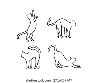 Quatro gatos silhuetas definido em poses simples boho, estilo desenhado à mão de arte de linha monocromática. Ilustração vetorial.