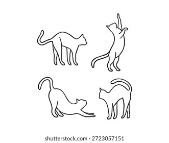 Quatro gatos silhuetas definido em poses simples boho, estilo desenhado à mão de arte de linha monocromática. Ilustração vetorial.