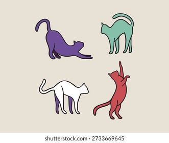 Vier Katzen Silhouetten in einfachen Boho Posen gesetzt, Boho mystischen Hexe handgezeichnet Stil. Vektorgrafik.