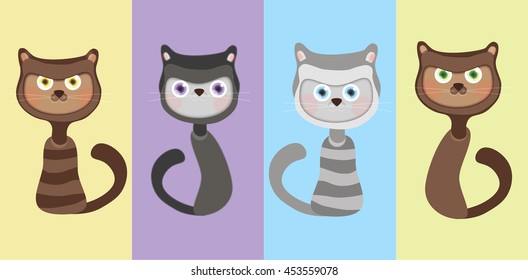 four cats sitting in a row and watch the big eyes