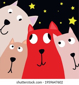 four cats sitting together under the starry sky vector icon