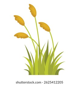 Four cattail plants growing out of long green grass blades