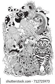 four celestial animals in feng shui. Dragon,phoenix, turtle and tiger. The mythological creatures in the Chinese constellations.Black and white tattoo illustration