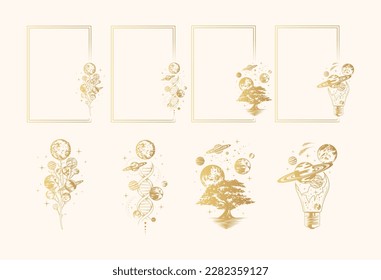 Four celestial rectangular frames and four mystical space compositions isolated set. Golden hand drawn vector illustrations for witchcraft, greeting cards and invitations. 