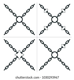 Four chains with breaks in the links joined by a center ring with four different variations, one without any breaks, in a safety and security or freedom concept, vector illustration