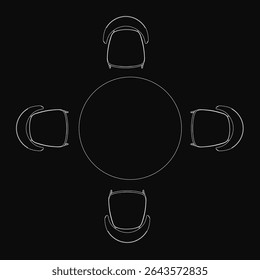 Quatro cadeiras dispostas em torno de uma mesa representada por um desenho preto e branco de uma mesa circular.
