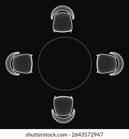 Four chairs arranged symmetrically around an invisible center point on a white circle against a black background. The identical chairs face the same direction, creating balance and harmony.