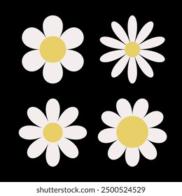 Four chamomile white yellow icon set. Daisy camomile flower. Cute round plant collection. Growing concept. Love card. Sign symbol shape template print. Flat design. Black background. Isolated. Vector