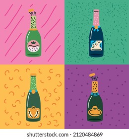 four champagne drinks set bottles